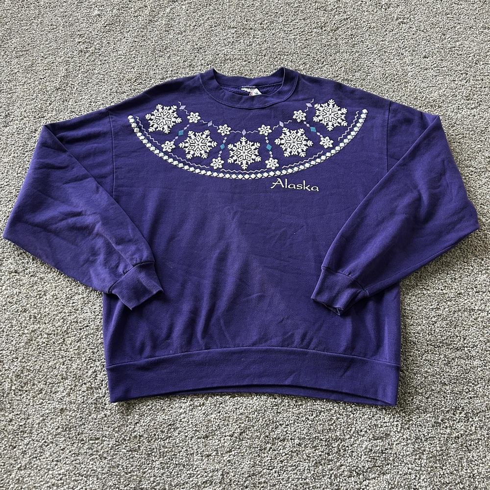 Vintage Jerzees Sweatshirt Mens Large Purple Crewneck Alaska Snowflake Christmas